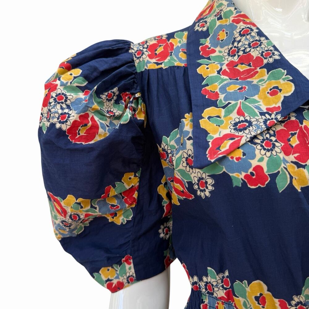 VTG 1940’s Extreme Puff Sleeve Maxi Dress Cotton Border Print Dagger Collar, L - Picture 6 of 14